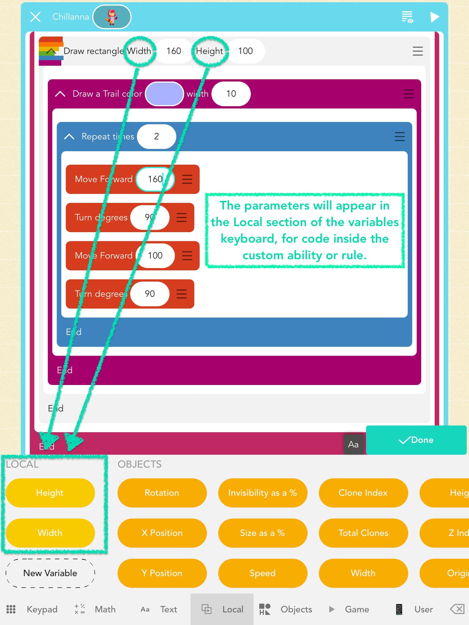 A screenshot of the Hopscotch app showing the parameters in the Local Variables section